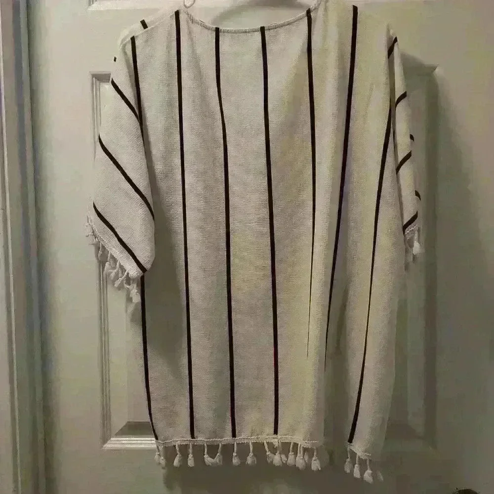 Sheer white with black stripes cover up. Sz med. - Picture 2 of 3